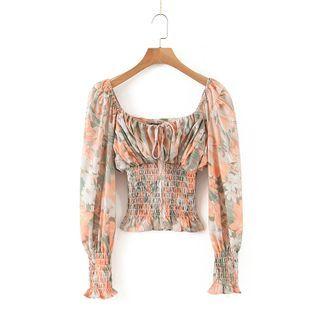 Floral Print Lantern-sleeve Cropped Blouse