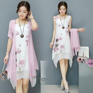 Set: Floral Print Sleeveless A-line Dress + Short-sleeve Light Jacket