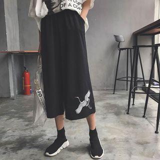 Embroidered Wide Leg Pants Black - One Size