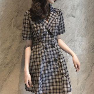 Plaid Double-breasted Short-sleeve Mini A-line Blazer Dress