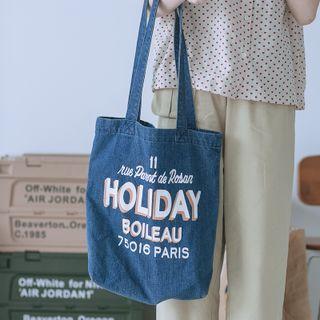 Lettering Denim Tote Bag Dark Blue - One Size