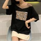 Elbow-sleeve Mesh Panel Sequin T-shirt Black - One Size