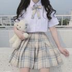 Short-sleeve Shirt / Plaid Bow Tie / A-line Skirt / Set