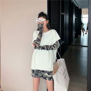 Loose-fit Knit Vest / Print Dress / Plain Boot-cut Pants