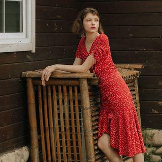 Floral Print Short-sleeve Ruched Midi A-line Dress