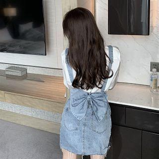 Pocket Detail Elbow-sleeve Shirt / Distressed Denim Mini Jumper Dress
