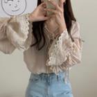 Lace Panel Bell-sleeve Lace-up Blouse Almond - One Size