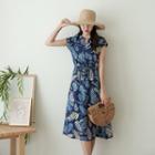 Open-placket Leaf Print Dress Navy Blue - One Size