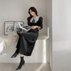 Lace-collar Long Velvet Dress With Belt Black - One Size