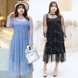 Set: Long-sleeve Sequin Midi Mesh Dress + Slipdress