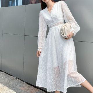 Long-sleeve Lace Midi A Line Dress