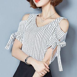 Striped Cold Shoulder Short-sleeve Chiffon Blouse