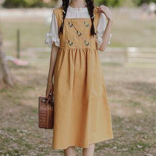 Bell-sleeve Top / Embroidered Midi A-line Overall Dress / Set