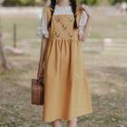 Bell-sleeve Top / Embroidered Midi A-line Overall Dress / Set