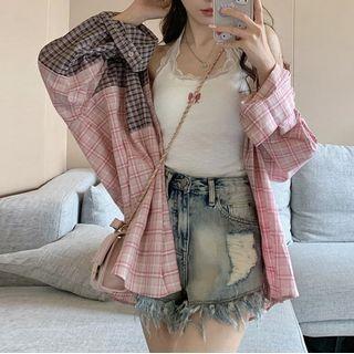 Plaid Panel Shirt / Lace Trim Tank Top / Frayed Trim Denim Shorts (various Designs)