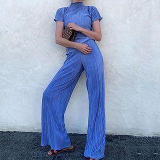 Set: Turtle-neck Pleated Top+ Pleated Wide-leg Pants