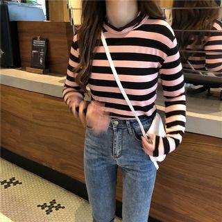 Long-sleeve Mock Neck Striped T-shirt Stripe - One Size
