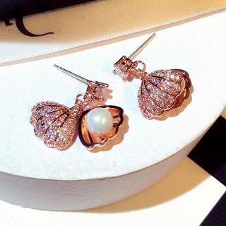 Faux Pearl Rhinestone Scallop Dangle Earring Rose Gold - One Size