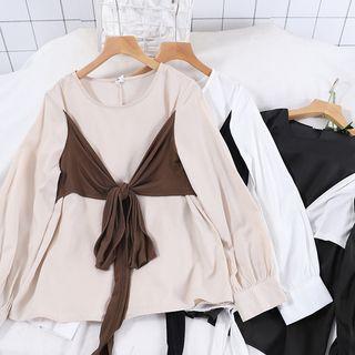 Color Block Tie-waist Long-sleeve Blouse