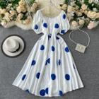 Dotted Puff-sleeve Button Midi A-line Dress White - One Size