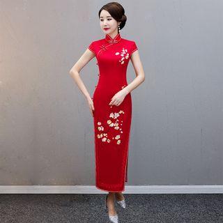 Lace Trim Embroidered Short-sleeve Qipao