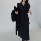 Long-sleeve Side Knot Midi A-line Dress Black - One Size