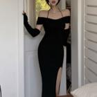 Cold-shoulder Side-slit Midi Sheath Dress Black - One Size