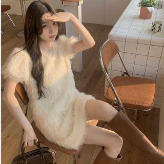 Short-sleeve V-neck Fringed Dress Almond - One Size