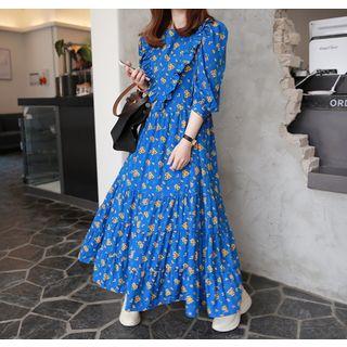 Round-neck Frill-trim Floral Maxi Dress