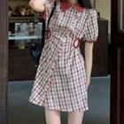 Keyhole Short-sleeve Check Mini Dress Red - One Size