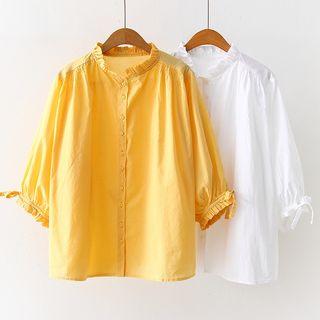 3/4-sleeve Frill Trim Buttoned Top
