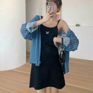 Striped Shirt / Butterfly Embroidered Spaghetti-strap Mini A-line Dress