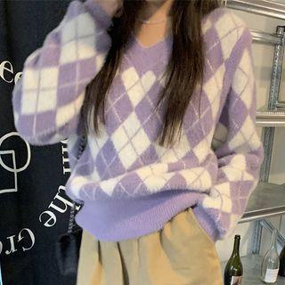 Detachable-sleeve Argyle Cardigan