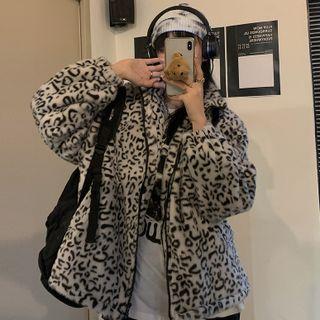 Leopard Print Fleece Zipped Jacket Leopard Print - White - One Size