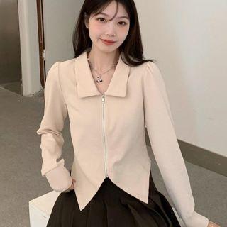 Long-sleeve Collared Zip-up Crop Top