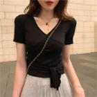V Neck Plain Bow Short-sleeve Top / High Waist Wide Leg Plain Pants