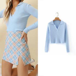 Polo-neck Ribbed Knit Top Blue - One Size