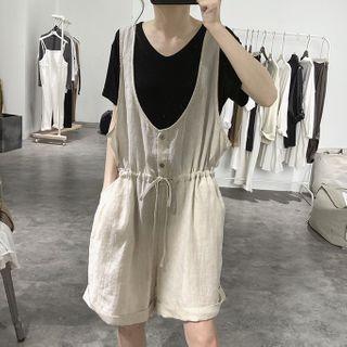 Button Drawstring-waist Wide-leg Jumper Shorts