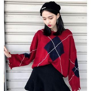 Fray-hem Argyle Sweater