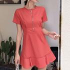 Short-sleeve Frill Trim Zip A-line Mini Dress
