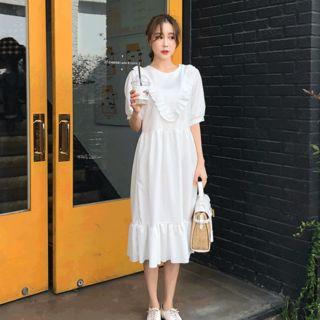 Elbow-sleeve Ruffle-trim Dress