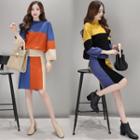 Set: Color Block Sweater + Color Block A-line Knit Skirt As Shown In Figure - One Size