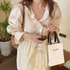 Puff-sleeve Lace Trim Plain Dress Almond - One Size