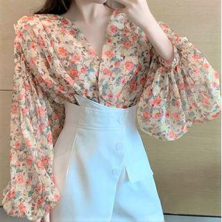 Flower Print Lantern-sleeve Blouse / High-waist Shorts
