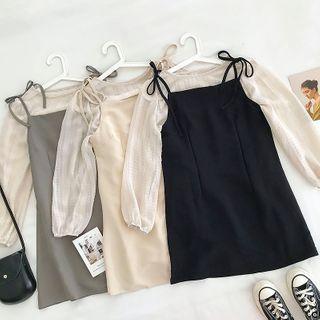 Set:plain Crewneck Puff-sleeve Blouse + Plain Lace-up Dress