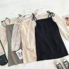 Set:plain Crewneck Puff-sleeve Blouse + Plain Lace-up Dress