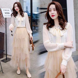 Set: Tie Neck Chiffon Blouse + Maxi Skirt