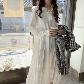 Plain Lace-up Long-sleeve Pleated Dress / Color-block Plaid Long-sleeve Jacket