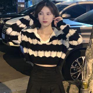 Long-sleeve Striped Polo Knit Top / Mini A-line Skirt
