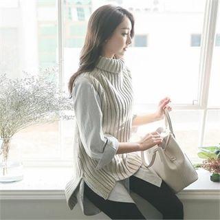 Set: Turtle-neck Sleeveless Knit Top + Stripe Dip-back Shirt